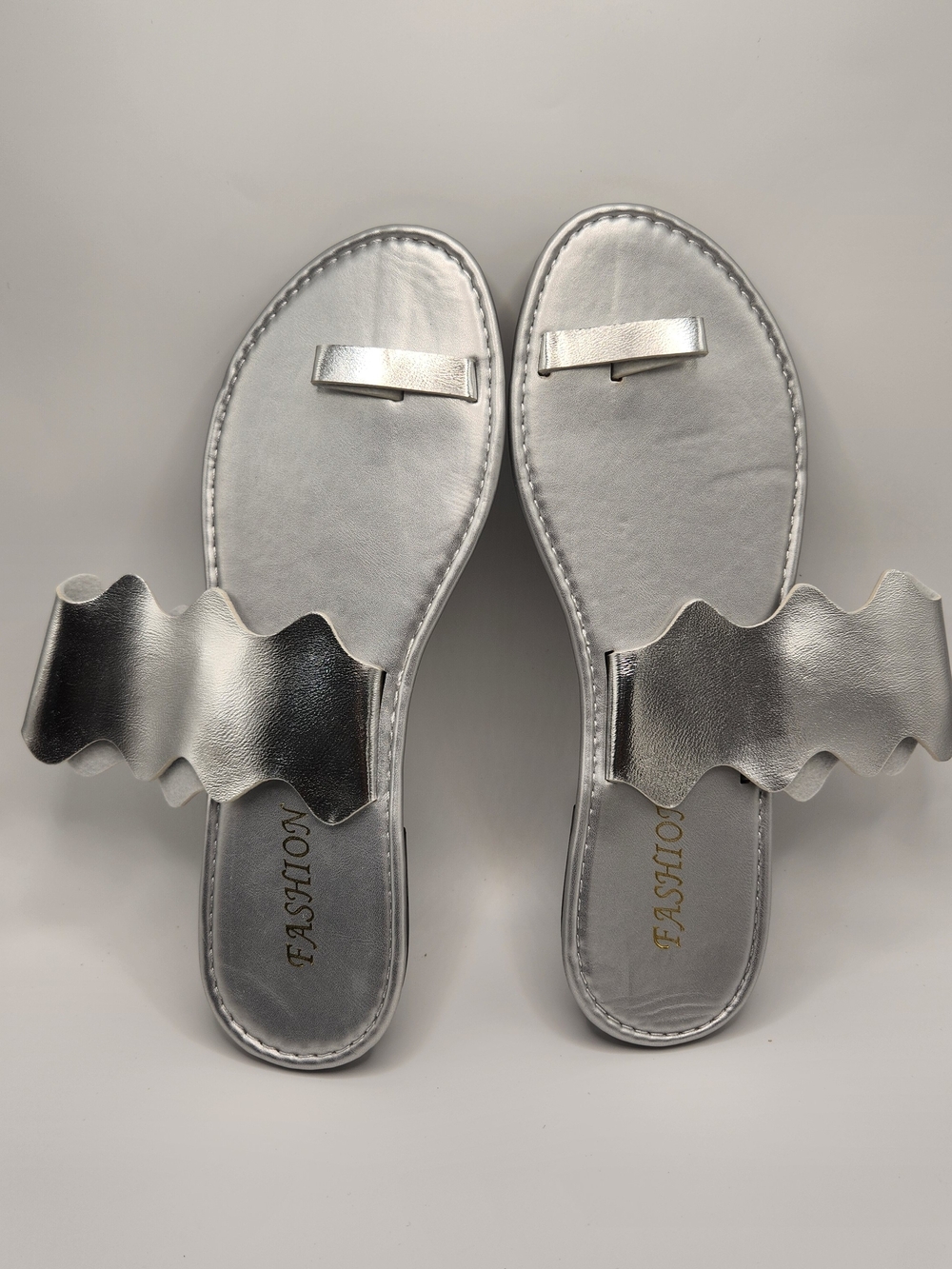 Fashion Nova Metallic Silver Wavy Slide Sandals
